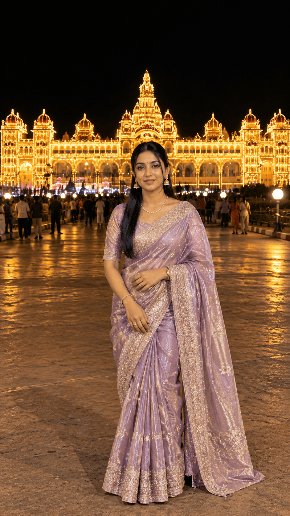 Mysore Palace Night 8K AI Girl Photo visual reference