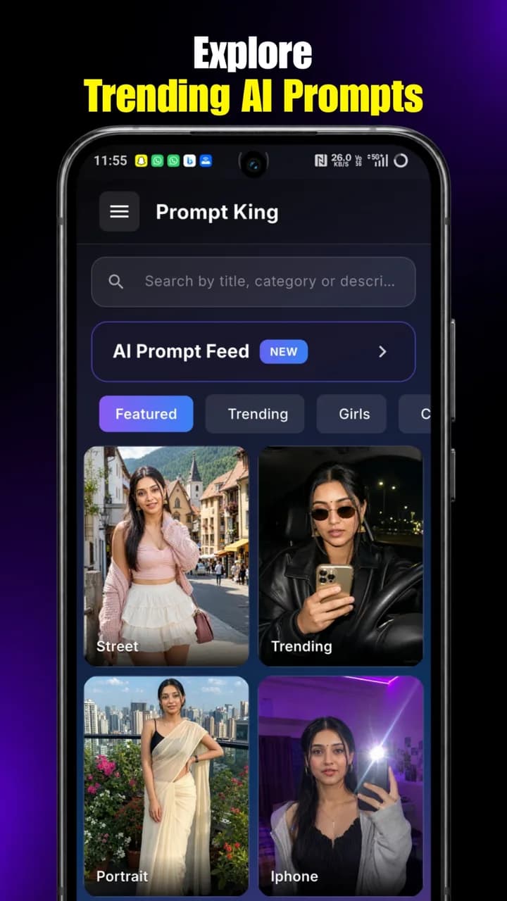 Prompt King Android app showing trending AI photo prompts
